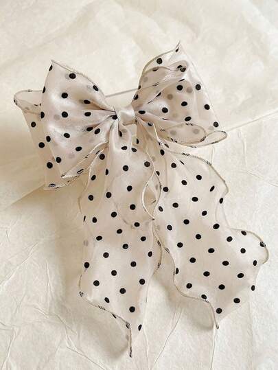 1/2pcs Beige Polka Dot Print Mesh Oversized Bow Hair Clip With Wave Ribbon, Spring Summer Elegant And Gentle Hair Accessory Valentine's Day, School Stuff, College, Bows, Cute, Hair Accessories, Head Accessories, Hair Accessories For Girl, Hairpin