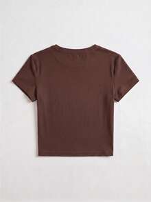 Women's Fitted Short Sleeve Round Neck T-Shirt, Soft And Comfortable Fabric, Machine Washable, Summer Cropped Top - Brown - View 7