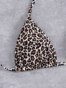 2 piezas Conjunto de bikini de mujer con estampado de leopardo y cordones sexy, adecuado para playa, resort, actuaciones en el escenario y vacaciones - Amarillo - Ver 4