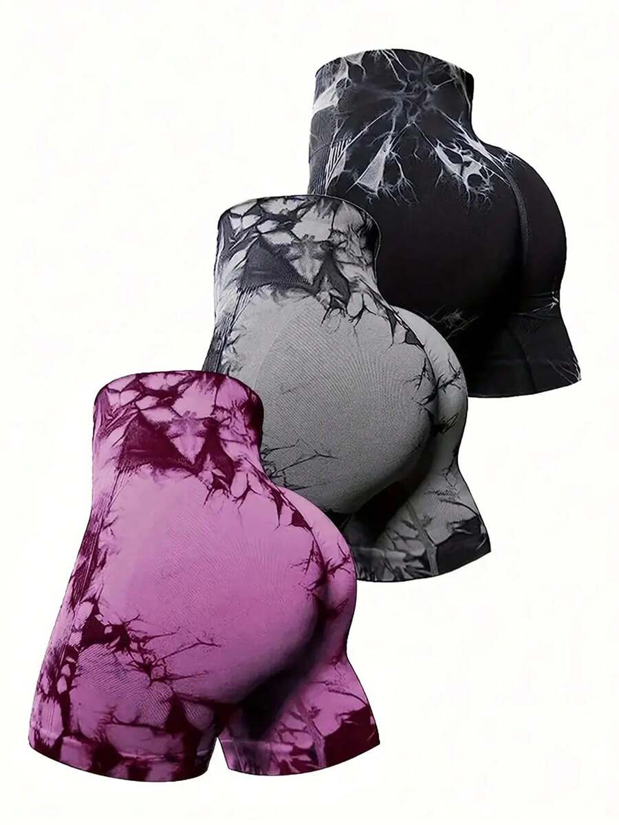 CZGUKE Pantalones deportivos de alta elasticidad para mujer, pantalones cortos ajustados para ciclismo, ejercicio, yoga, pantalones cortos transpirables de cintura alta, conjunto de 3 piezas - Rojo vino Gris Negro - Ver 1