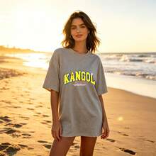 Casual Oversized Style Women's T-Shirt Kangol Logo Print Summer Beach Wear Gift For Her - 黑色 - 查看 2
