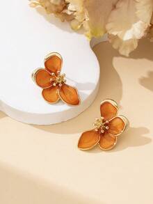 1 Pair Elegant French Retro Versatile Handmade Enamel Gradient Orange Half Flower Stud Earrings, Suitable For Beach, Date, Travel, Best Gift For Girlfriend - Orange - View 4