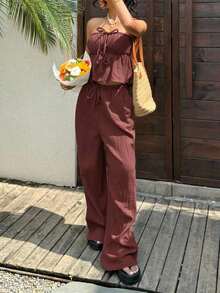 Conjunto informal de camiseta de tirantes y pantalones de algodón tejido azul marino para mujer - Óxido marrón - Ver 4