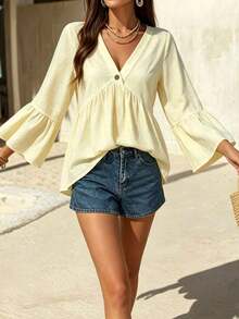 Hotletica Camisa casual de mujer con cuello en V y mangas con volantes en blanco - Albaricoque - Ver 6