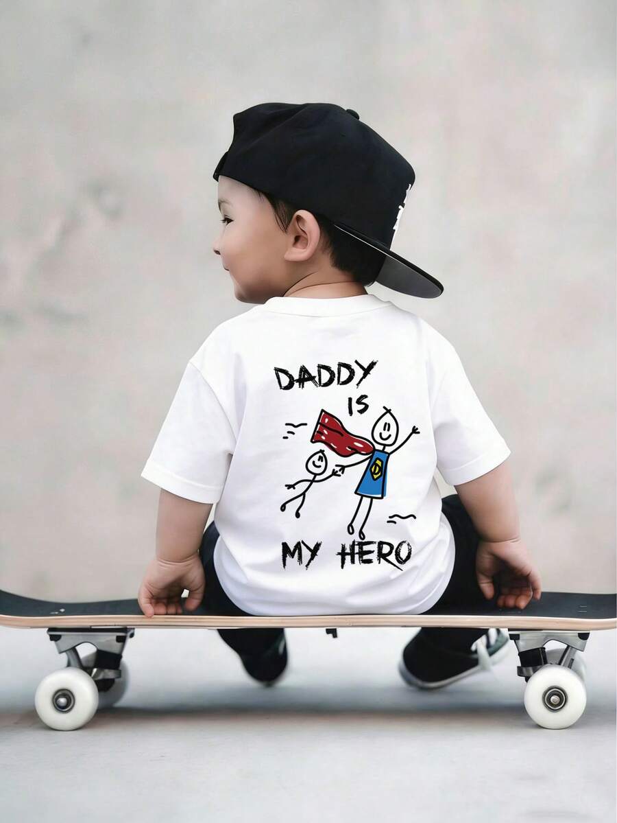 小男孩 DADDY IS MY HERO 印花 T 恤,舒適面料,適合戶外、日常、校園穿著,春夏百搭上衣 - 白色 - 查看 1
