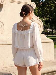 2Pcs Loungewear Sets For Women Puff Long Sleeve Square Neck Ruffled Trim Lace Contrast Tops With Elastic Waist Shorts - White - View 6