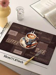 1 件硅胶厨房垫，底色为深浅棕色拼接，印有咖啡豆图案、“COFFEE”和“TIME”字样，中间是一杯热气腾腾的咖啡的水彩插图，营造出复古舒适的咖啡主题氛围。 - 彩色 - 查看 12