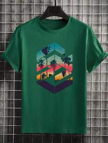 Plus Size Men's Creative Geometric Pattern Print Casual Round Neck Short Sleeve T-Shirt, Summer - Dark Green - View 2