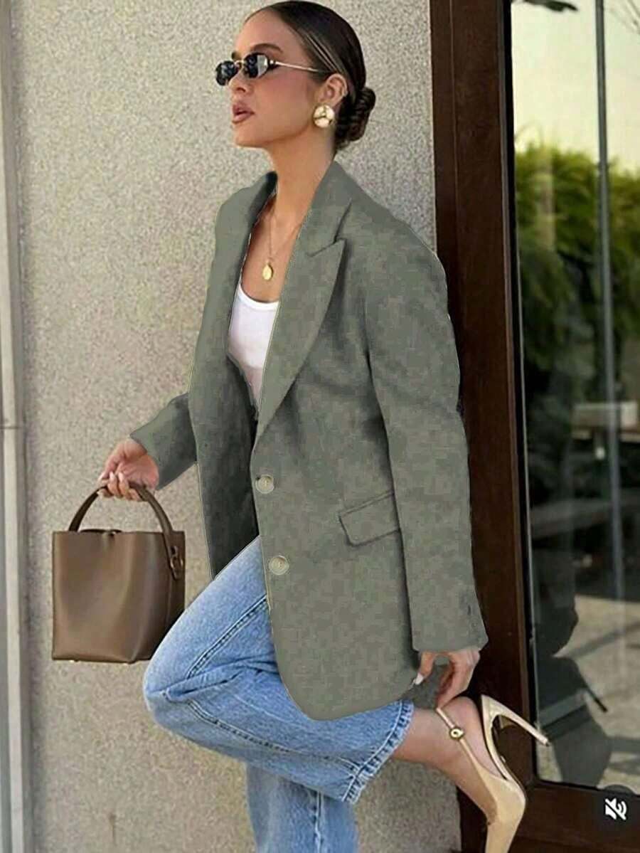 Chaqueta casual de mujer con solapa con muesca y botones, elegante y de moda, adecuada para ir al trabajo y uso casual diario en primavera - Verde Oliva - Ver 1