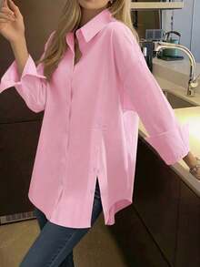 Women's Long-Sleeved Blouse With Lapel, Single Button Closure, And Casual Style For Everyday Wear, In A Solid Color - Black - View 5