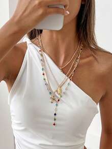 Set de 4 collares rosario de varios niveles chapados en plata, con cristales de colores incrustados, colgante de Virgen María y cruz, estilo gótico Y2K de cadena multicapa, joyería personalizada para mujer, adecuada para uso diario y festividades - Dorado - Ver 2