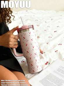1pc Cute Cherry, 1200ml (40oz) Large Capacity Handled Tumbler, Insulated Mug, Travel Mug, Stainless Steel Vacuum Insulated Cup, Suitable For Travel, School, Office, Outdoor, Gym, Home, Valentine's Day, Holiday, Birthday Gift (With Straw) - Multicolor - View 11