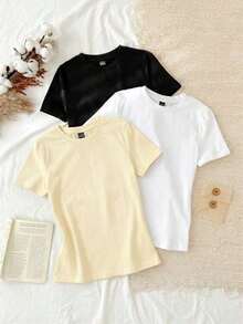 Conjunto de 3 piezas de camisetas de manga larga de ajuste ceñido con cuello redondo, estilo minimalista casual, 95% algodón, para mujer - Multicolor 2 - Ver 6