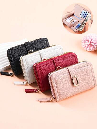 1pc New Lychee Grain Zipper Snap Wallet, Large Capacity Multi-Card Holder, Women's Fresh Solid Color Wallet, Multi-Function Zipper Wallet, Coin Purse, Mini Medium Clutch, Retro Leather Minimalist Unisex Cute Wallet, Compact Slim Wallet For Men