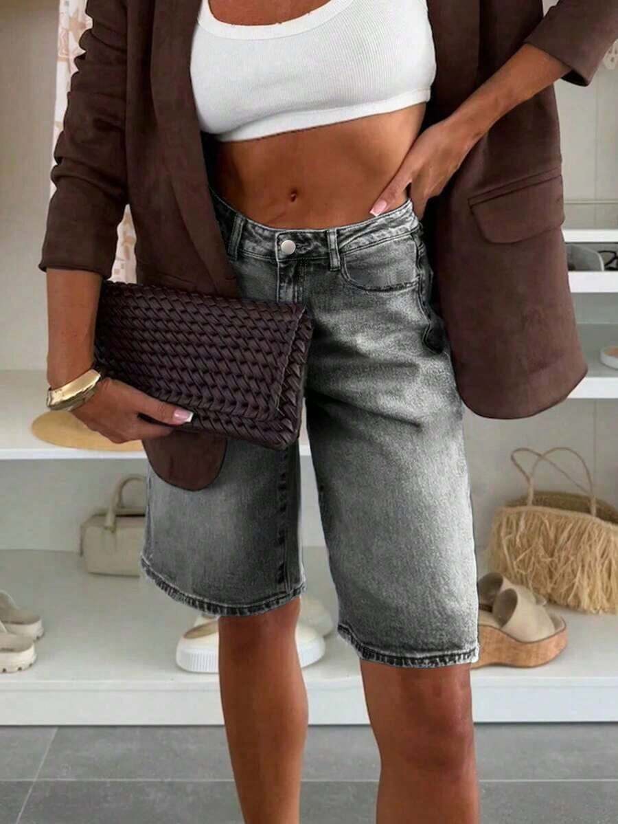 Classic Casual Boyfriend Style Denim Knee Length Shorts For Men, With Pockets, Buttons And Zipper, Straight Leg, Non-Stretch Fabric Summer - Gris Claro - Ver 1