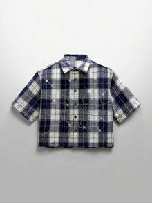 Men's Street Style Crystal Spider Web Plaid Short Sleeve Woven Shirt - Màu xanh lam - Xem 2