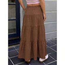 Women Solid Color High Waist Tie Ruffled Hem Maxi Skirt - 咖啡棕 - 查看 2