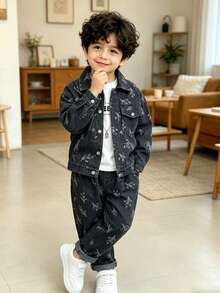 Bộ 2 món áo khoác denim và quần cho bé trai, phù hợp mặc thường ngày, đi học và hoạt động ngoài trời - Xám - Xem 2