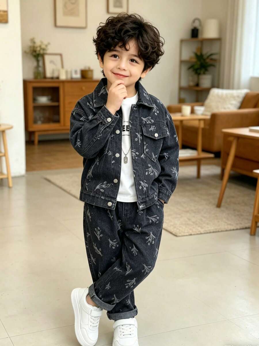 Bộ 2 món áo khoác denim và quần cho bé trai, phù hợp mặc thường ngày, đi học và hoạt động ngoài trời