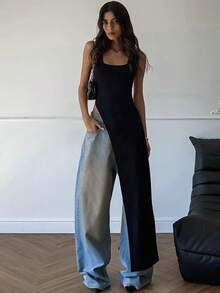 Vestido Midi Sexy sin mangas con abertura lateral y espalda descubierta para mujer, ropa de calle para fiesta y Club, estilo Y2K, Color sólido - Negro - Ver 5