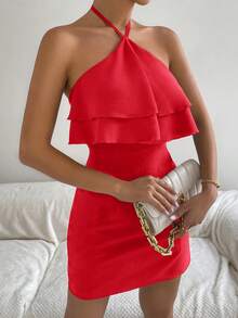 Falda de cadera con cuello colgante para mujer, vestido Sexy a la moda con borde con volantes, mochila expuesta, Verano - Rojo - Ver 4