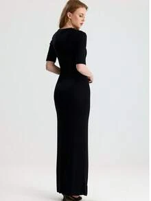 RoseArya Slim Fit Half Sleeve Stretch Maxi Dress - Black - View 5
