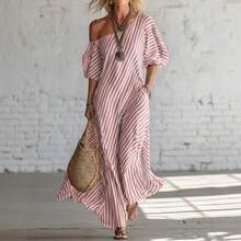 Women's Elegant Striped Off-Shoulder Maxi Dress - Fashionable For Spring - 粉色 - 查看 7