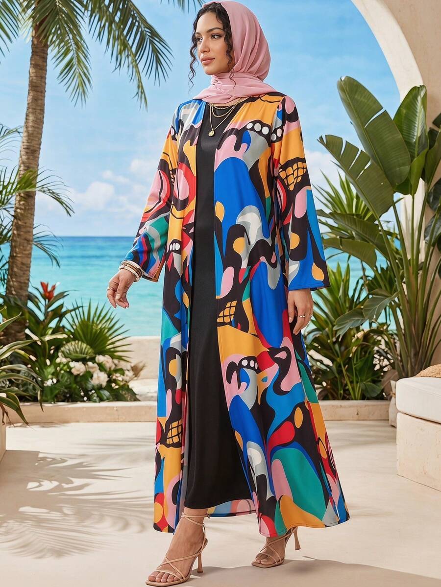 Random Print Middle Eastern Artistic Graffiti Print Long Cardigan, Fashionable Vacation Style Loose Flattering Outerwear With Headscarf Maxi Dress Spring