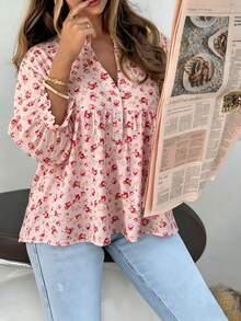 Plus Size Women's Pink Floral High Neck Blouse, Ruffle Trim 3/4 Sleeve Woven Shirt, Regular Length Flared Hem Top Vacation - Multicolor - View 1