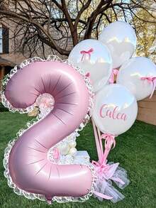 40-Inch Matte Pink Large Aluminum Foil Number Balloons, 0-9 Lace Edged Aluminum Foil Balloons, With Glue Dots, Reusable, Suitable For Birthday Party Decor, Holiday Decor, Hawaiian Party Decor, Room Background Decor, Photo Props, Valentine's Day Decor, Indoor & Outdoor Use, Gender Reveal, Decorations - Pink - View 10