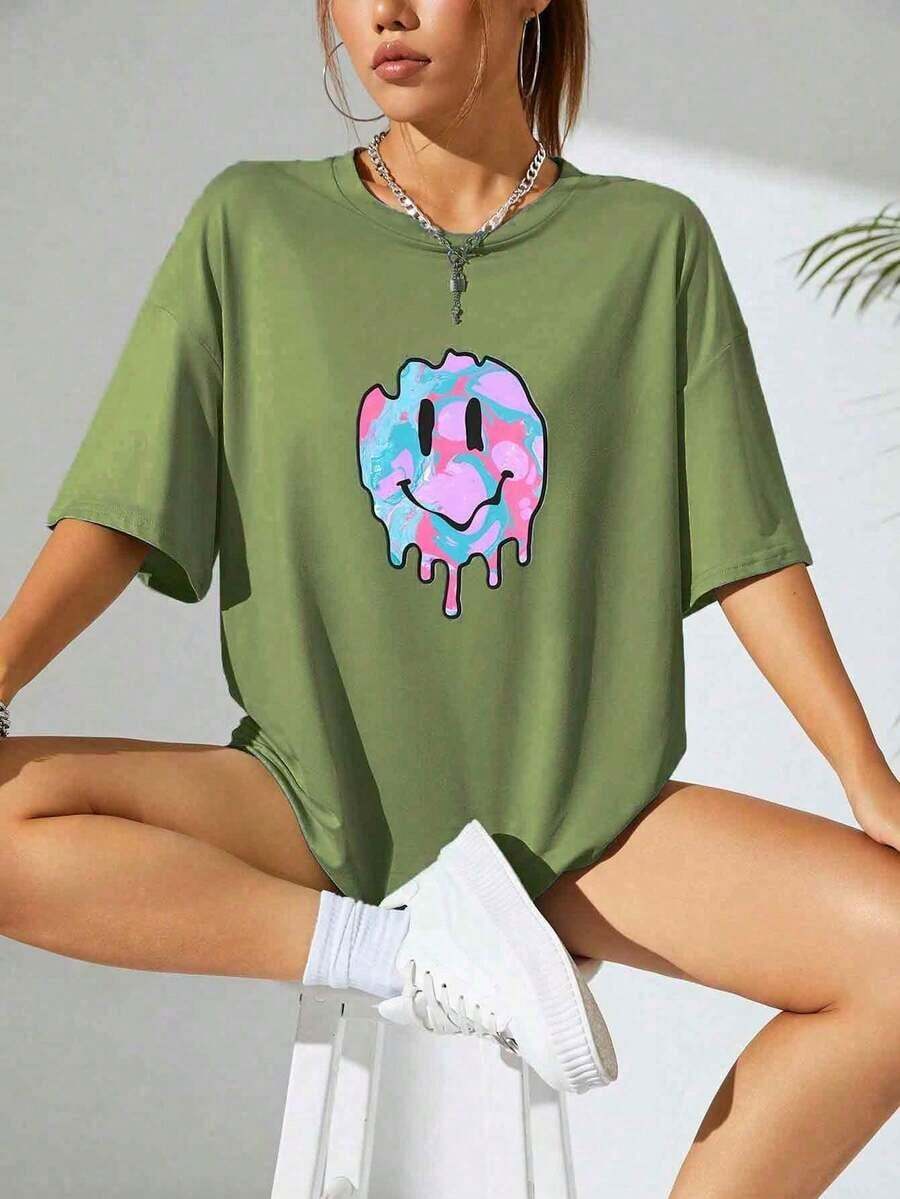 Camiseta de hombros caídos con estampado de expresión - Verde - Ver 1