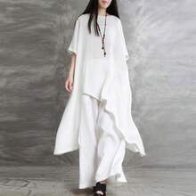 Conjunto de 2 piezas de algodón y lino para mujer, ropa deportiva informal de talla grande, traje de manga corta con cuello redondo, Top y pantalones de pierna ancha - BLANCO - Ver 5