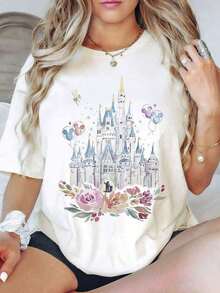 Disney Cartoon Rose Castle Printed T-Shirt, Suitable For Everyday Wear, Easy To Wear In Summer, Micro-Elastic, Soft T-Shirt For Casual Everyday Use, T-Shirt For Summer, Both For Men And Women, Loose Version, Holiday Gift. -- Disneys Disneyland Paris The Magic Kingdom Disneyesque The House Of Mouse Mickey Mouse Empire Modest Summer Outfits Take That T Shirt Summer Coord Tops For Women Summer Summer Clothes Women Summer Clothes Summer Tops Summer Tops Women Summer Co Ord Summer Top Summer Outfits White Top Black Top Holiday Outfits For Women  Tops For Women Summer Holiday Gifts Valentine's Day Gifts Earth Day Gifts Oktoberfest Gifts Summer Bank Holiday Gifts - 白色 - 查看 1
