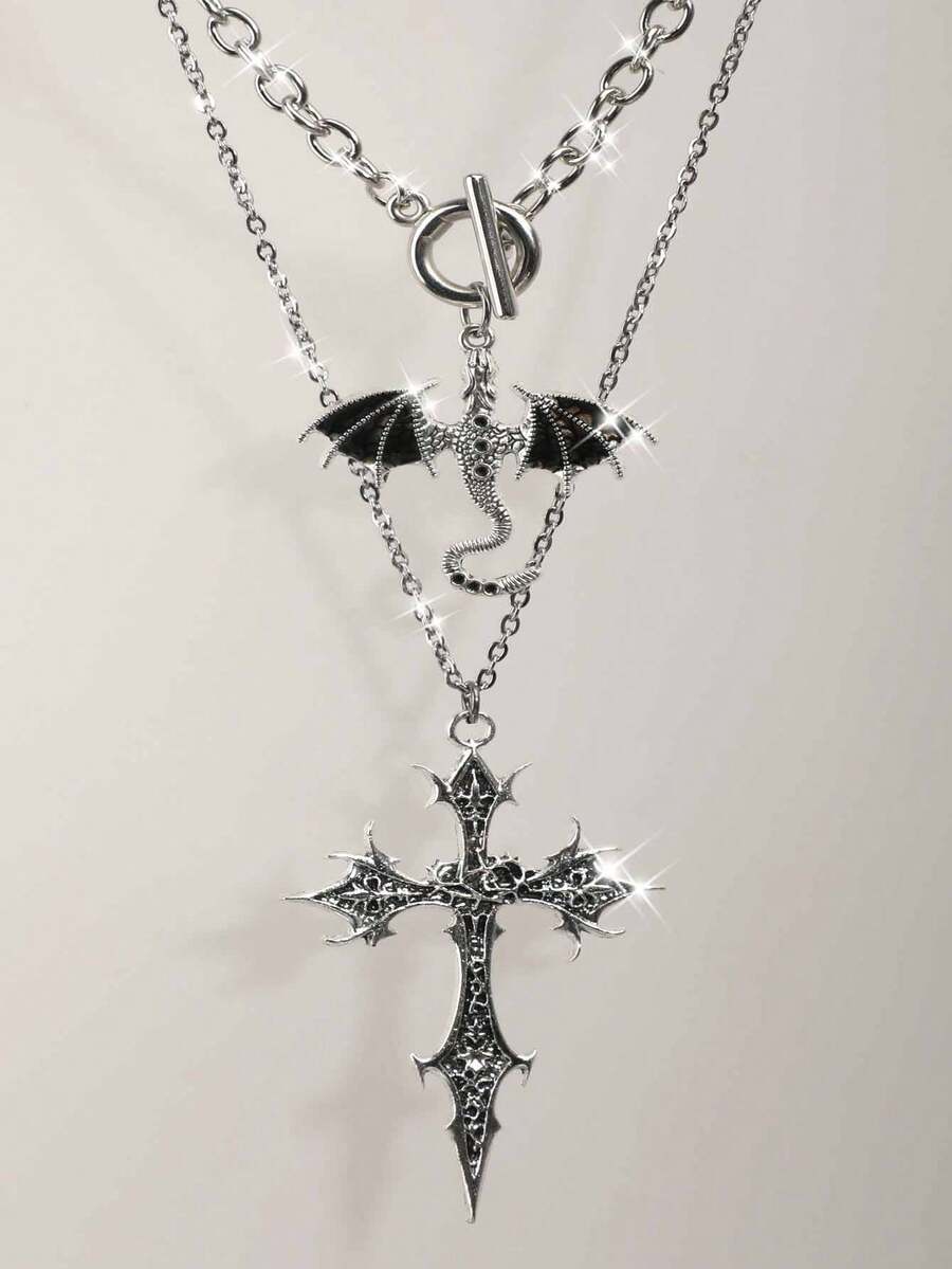 Bộ 2 mặt dây chuyền hình cánh và thánh giá phong cách Gothic cổ điển, dây chuyền phong cách Punk dành cho nữ. - Bạc - Xem 1
