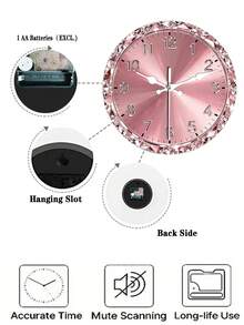 1 pièce Horloge murale romantique rose de luxe 2D plate avec strass, convient pour la décoration de la chambre, du salon, du bureau, taille 10/12 pouces (piles non incluses) - Multicolore - Voir 4
