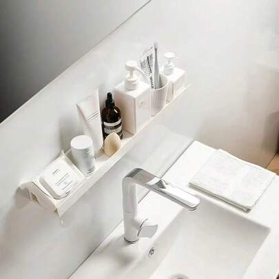 1pc White Wall-Mounted Floating Storage Shelf (With Strong Adhesive Strips) - Made Of Thickened Plastic Material, Modern Minimalist, Space-Saving, Easy To Install And Remove, No Trace Left.