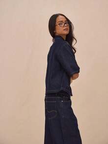 Boxy Fit Collared Button Through Mid Sleeve Denim Top Only Summer Casual Cute Vacation The Book Shop Festival Concert Western Back To School Streetwear Work Office Winter Nashville Chic Spring - Dark Wash - 查看 3
