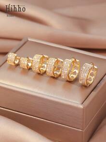 Hihho 3 Pairs Of Fashionable Gold-Tone Cubic Zirconia Hoop Earrings Set, Featuring 3 Different Styles Of Copper Plated Gold + Zirconia Earrings, Providing Layered Designs And Secure Wear, Luxurious And Accessories Suitable For Various Occasions - Yellow Gold - View 12