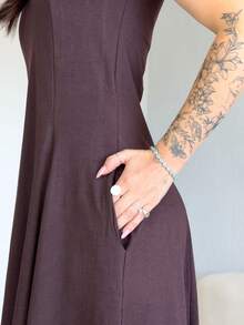 Long, Flared Dress, 100% Cotton, With Pocket And Slit. - Rỉ Nâu - Xem 3