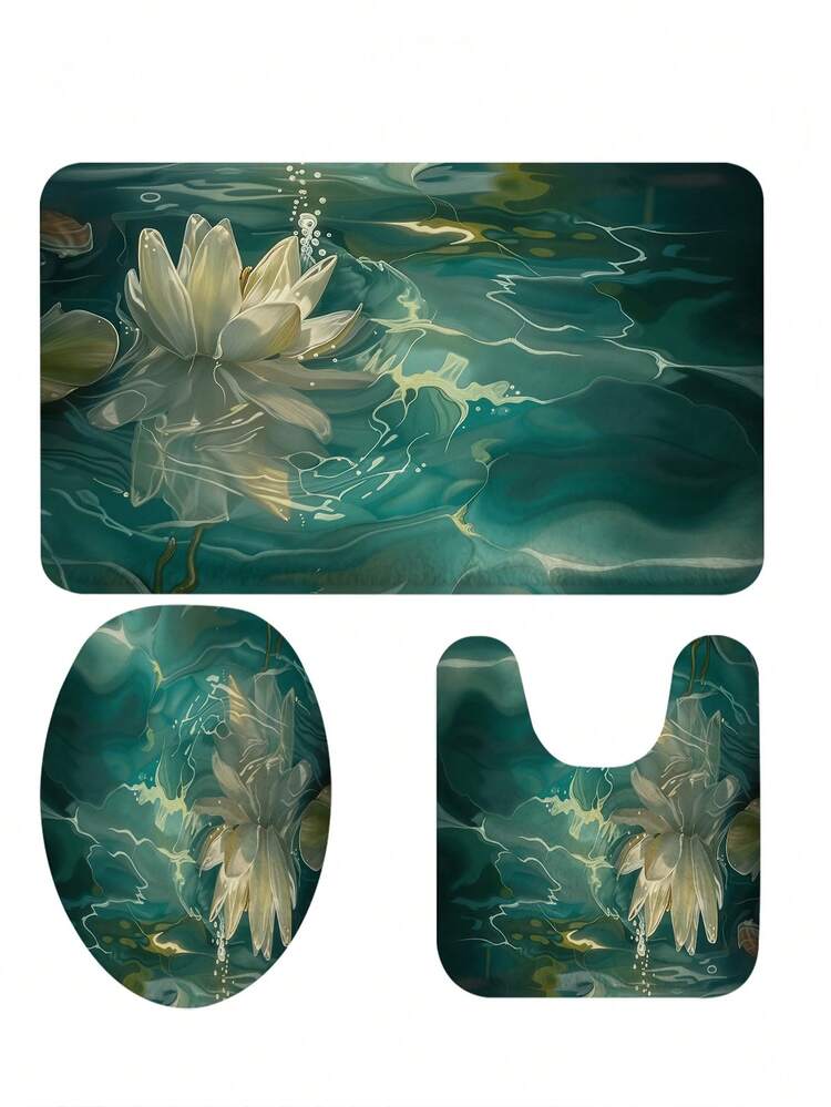 1/3/5 件套孔雀石绿莲花禅意浴室地垫套装，全新中国水墨花卉风格地毯，柔软吸水防滑耐用浴室配件 - 法兰绒+记忆棉+速干涤纶面料浴室地垫 - 可机洗防霉浴室用品，防滑浴室配件 - 包括马桶座套、U型马桶垫、浴室门垫、梳妆台垫、浴缸大脚垫 - 春季适用，适用于家庭浴室、客厅、卧室、厨房、洗衣房 - 速干地毯，返校必备，乔迁礼物，母亲节礼物 - 睡蓮 - 查看 2