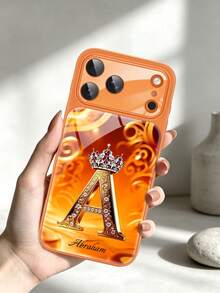 1pc Customizable Text And Letter Rhinestone Apple Design Tempered Glass Phone Case, Compatible With IPhone 17 ProMax/17 Air/15/16 Pro/14 Plus/13 Pro/12 Pro Max/11, Tempered Glass Camera And Back Protection, Large Window Phone Protective Shell, Best Gift For Friends And Family - Orange - View 6