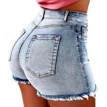 2025 pantalones cortos Retro desgastados con borde rasgado para mujer, pantalones cortos de cintura alta lavados con trasero, bolsillos laterales ajustados, pantalones cortos informales para fiesta y Club - azul claro - Ver 1