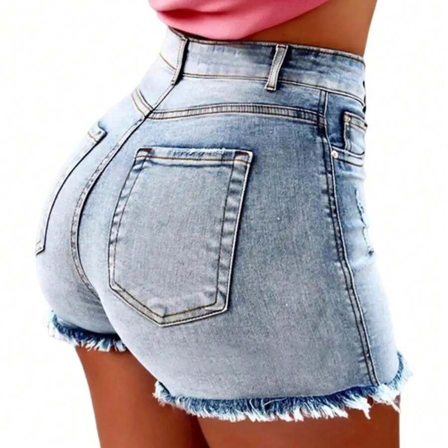2025 pantalones cortos Retro desgastados con borde rasgado para mujer, pantalones cortos de cintura alta lavados con trasero, bolsillos laterales ajustados, pantalones cortos informales para fiesta y Club - azul claro - Ver 1