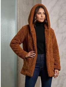 Women's Teddy Coat With Hood And Pockets | Warm, Casual, Fleece-Lined Winter Jacket - Màu nâu  Mocha - Xem 1