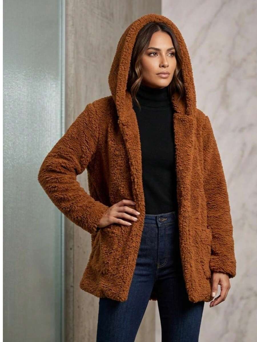 Women's Teddy Coat With Hood And Pockets | Warm, Casual, Fleece-Lined Winter Jacket - Màu nâu Mocha - Xem 1