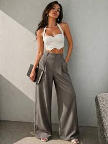 Women's Casual High Waist Wide Leg Pants With Pockets - Grey - View 3