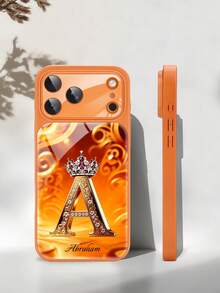 1pc Customizable Text And Letter Rhinestone Apple Design Tempered Glass Phone Case, Compatible With IPhone 17 ProMax/17 Air/15/16 Pro/14 Plus/13 Pro/12 Pro Max/11, Tempered Glass Camera And Back Protection, Large Window Phone Protective Shell, Best Gift For Friends And Family - Orange - View 8