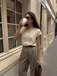 Áo kiểu không tay cổ chữ V khoét rỗng, màu trơn, kiểu Pháp thanh lịch, thích hợp mặc hàng ngày, hẹn hò, công sở, mùa hè. - Màu be - Xem 6