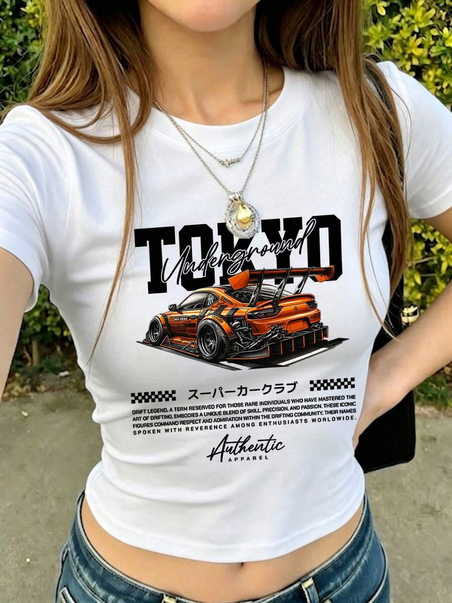 1 Stück Damen Sommer Figurbetontes T-Shirt mit Rundhalsausschnitt und Kurzarm, Grafik-Muster in japanischer Tuning-Autokultur, Y2K Crop Top, Jahrtausendstil Top geeignet für Strand, Straße, Alltag, Büro, Party, Ausflüge, Partyanlässe, Casual Weiß - Weiss - Übersicht 1