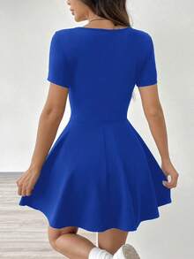 1 pieza Vestido corto de punto casual de mujer, cómodo para uso en el hogar y actividades deportivas, color rojo - azul real - Ver 2
